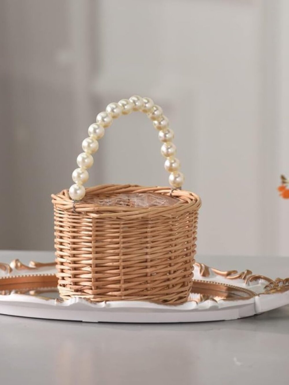 Wicker Rattan Flower Girl Basket,Pearl Handle Flower Basket,Flower Girl Basket f - Picture 6 of 8